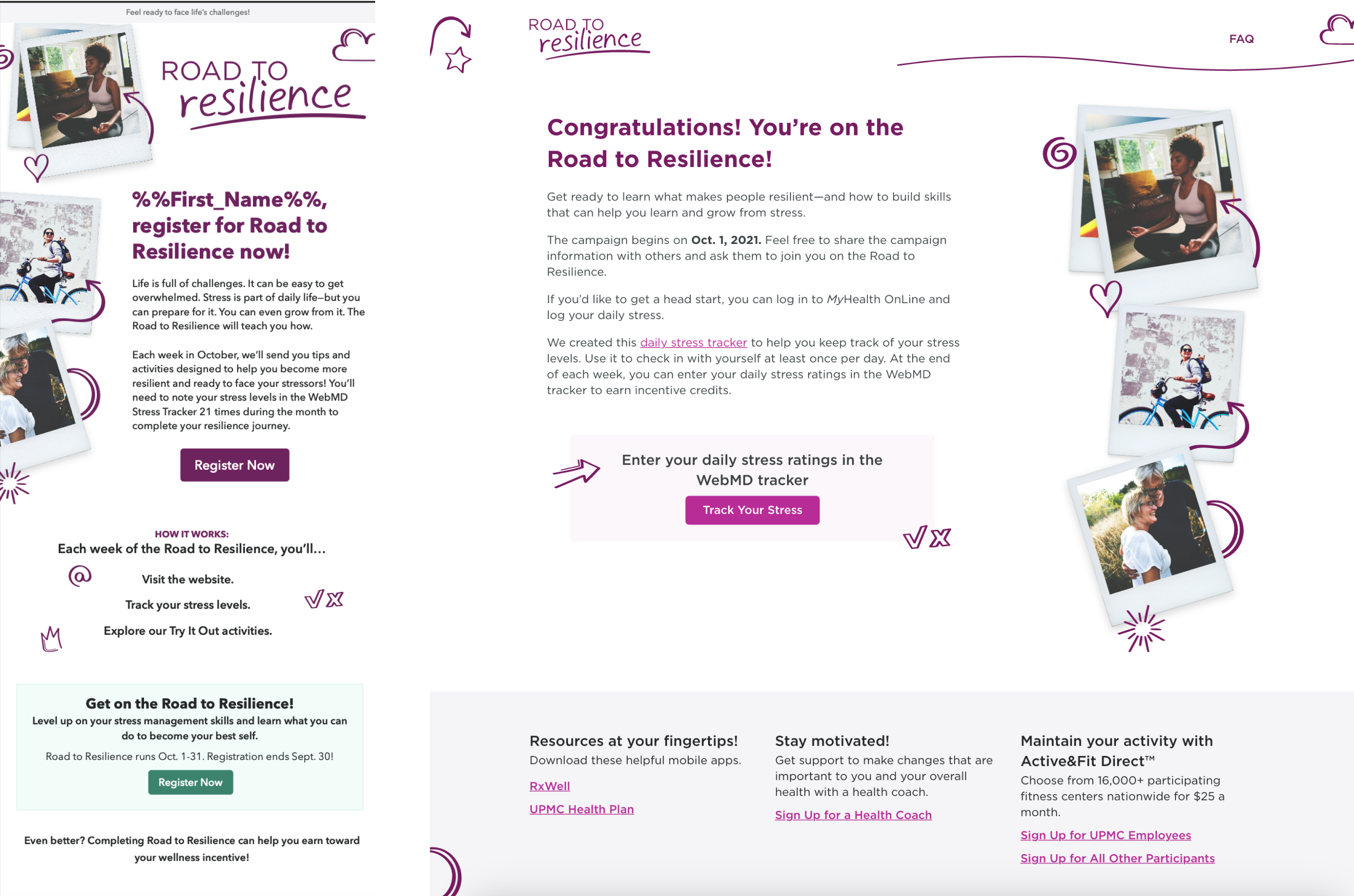 screenshots of Road to Resilience campaign collateral